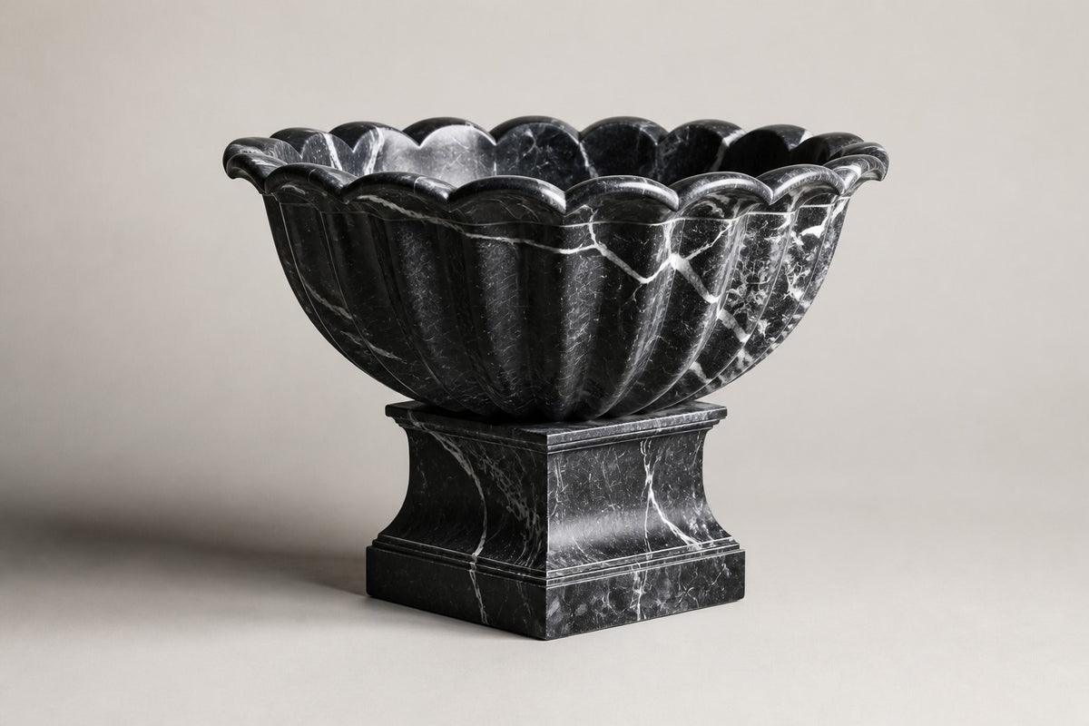Nero Fluted Marble Urn Planter — 85 cm Nero Marquina black marble urn planter with a fluted scalloped bowl, three-quarter studio view showing its profile