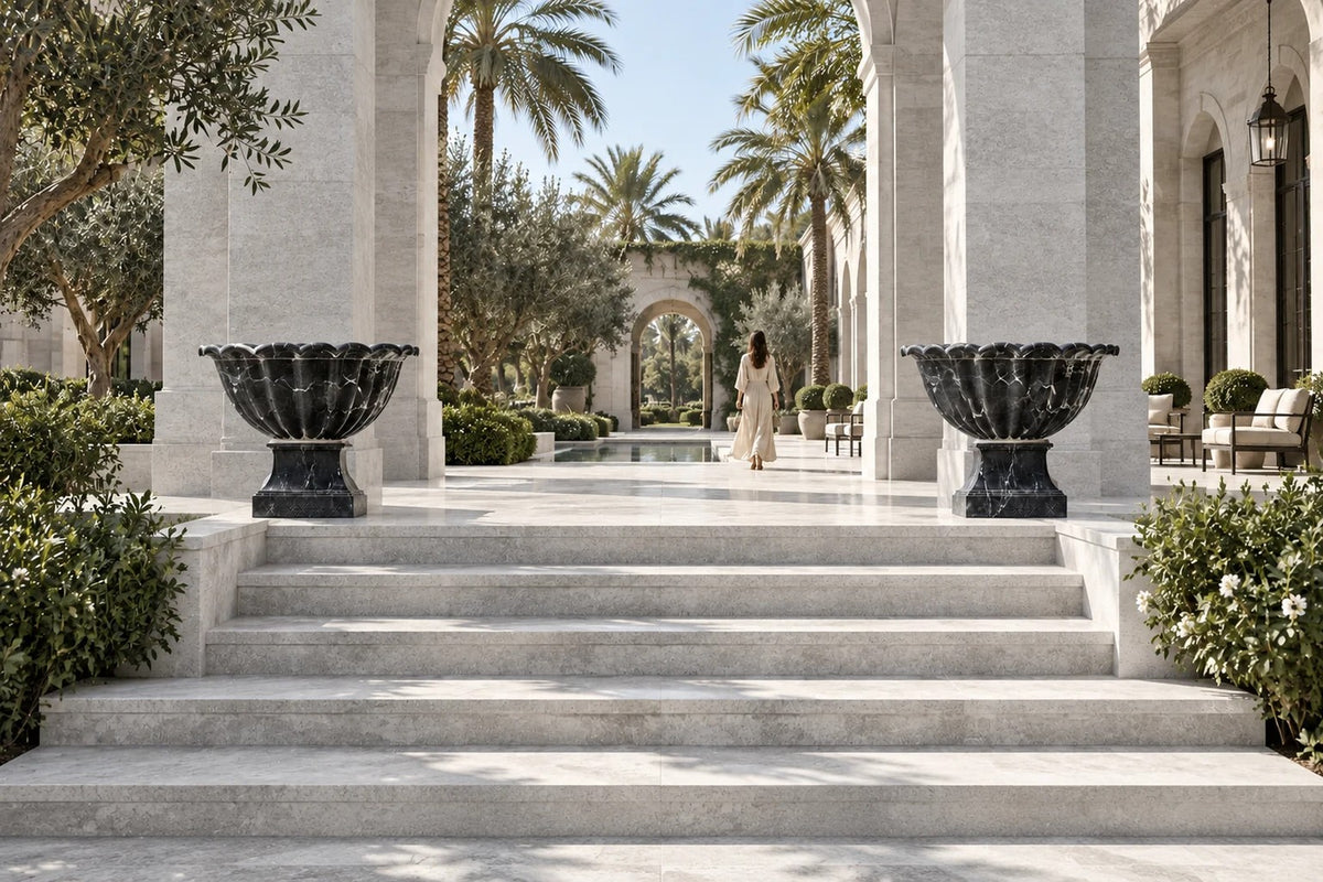 Nero Fluted Marble Urn Planter — 85 cm Nero Marquina black marble urn planter with a fluted scalloped bowl, placed in a furnished room