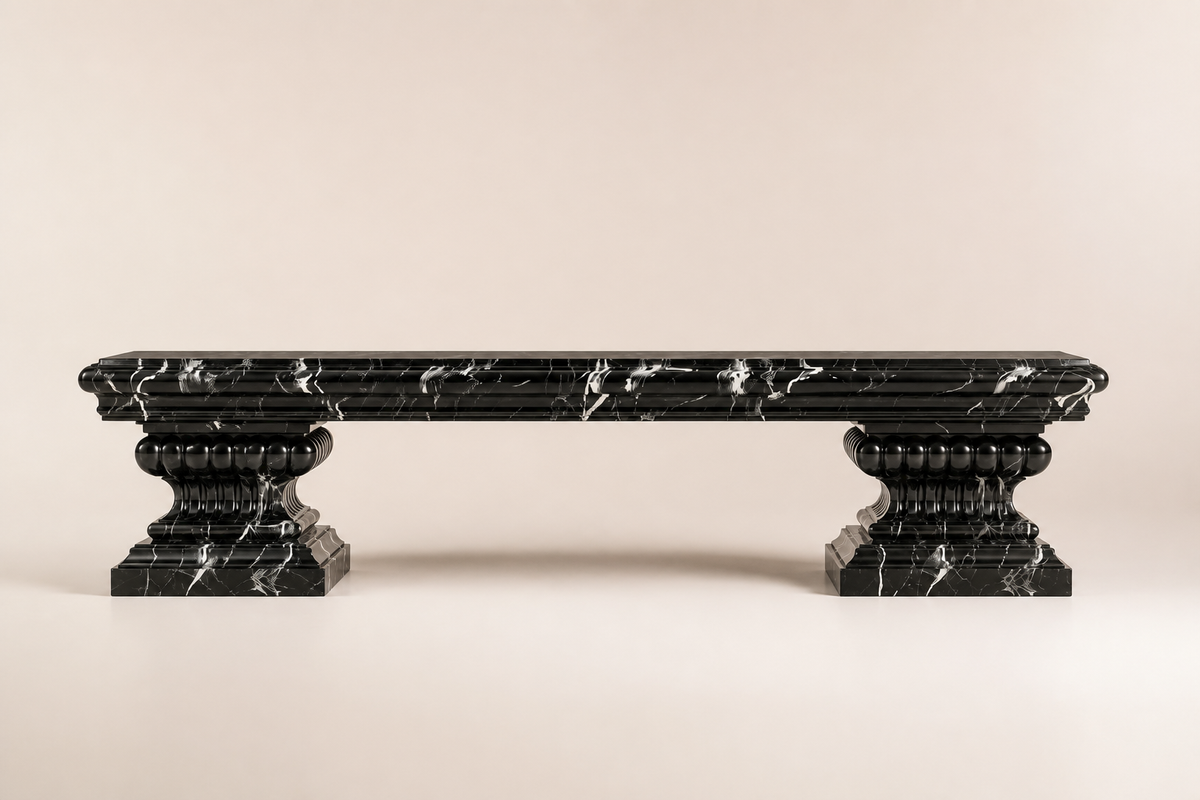 NERO IMPERIAL PEDESTAL BENCH, studio view of the whole piece