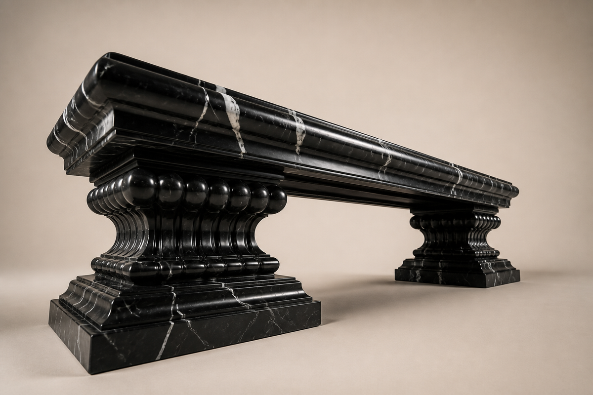 NERO IMPERIAL PEDESTAL BENCH, three-quarter studio view showing its profile