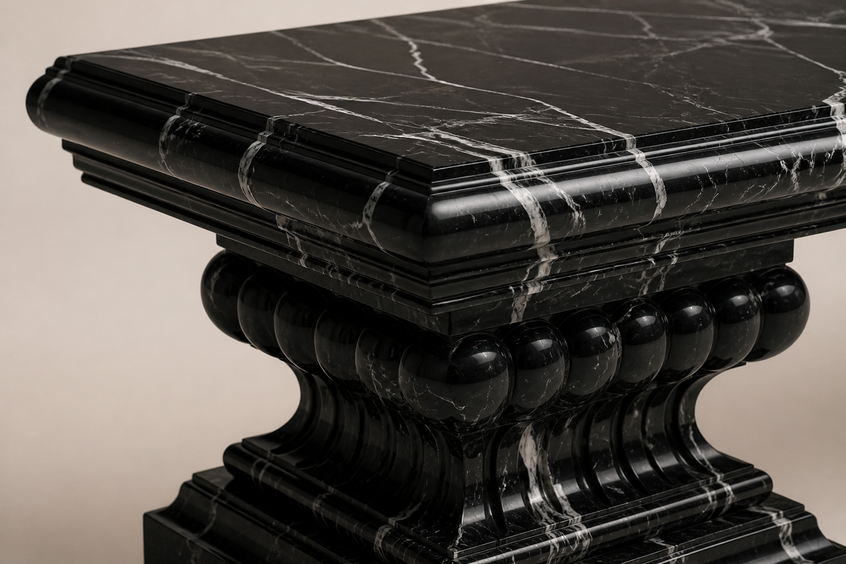 NERO IMPERIAL PEDESTAL BENCH, close studio detail of the surface and material