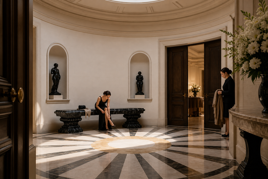 NERO IMPERIAL PEDESTAL BENCH, shown in a room setting, at full scale
