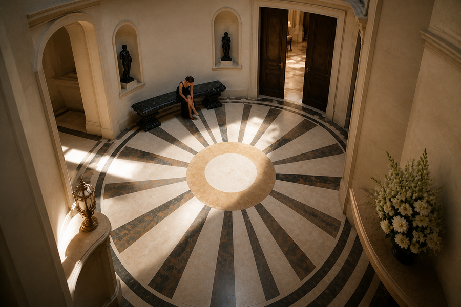 NERO IMPERIAL PEDESTAL BENCH, overhead view in a room setting