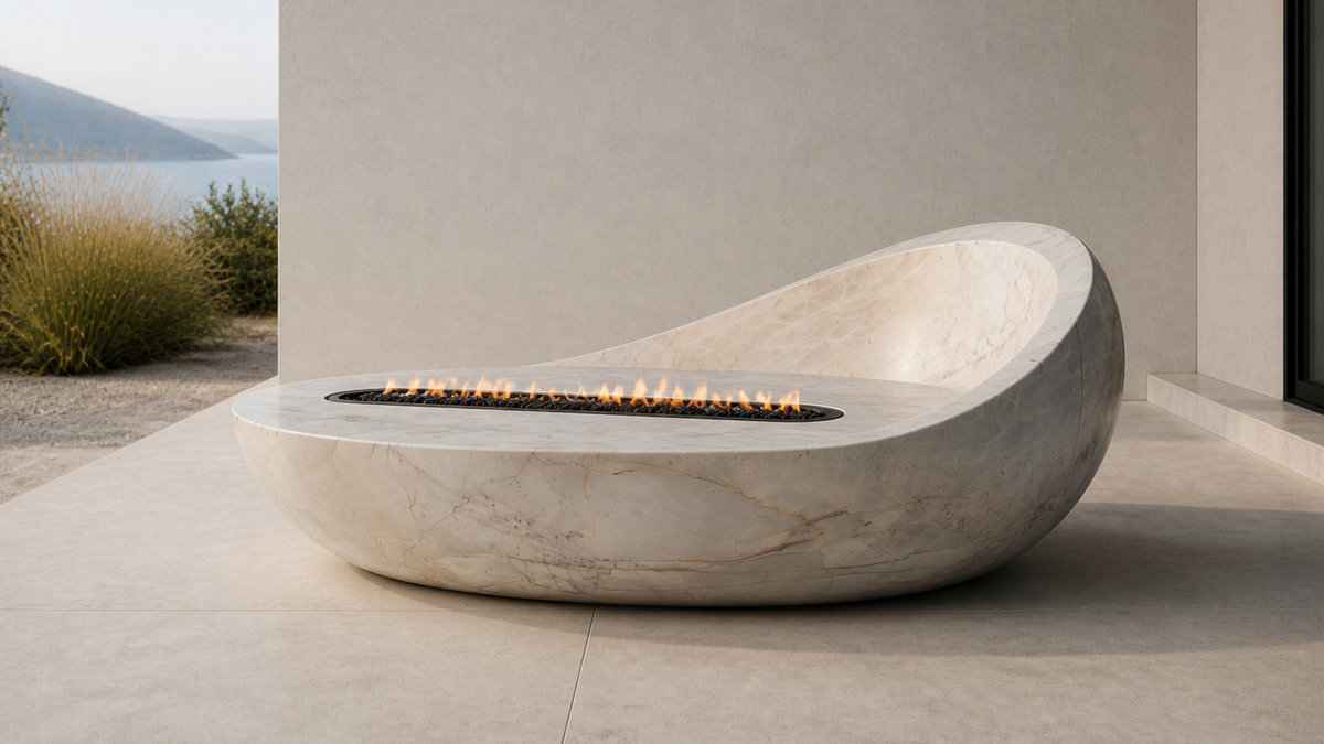 Nevara marble fireplace, close detail of the material and edge