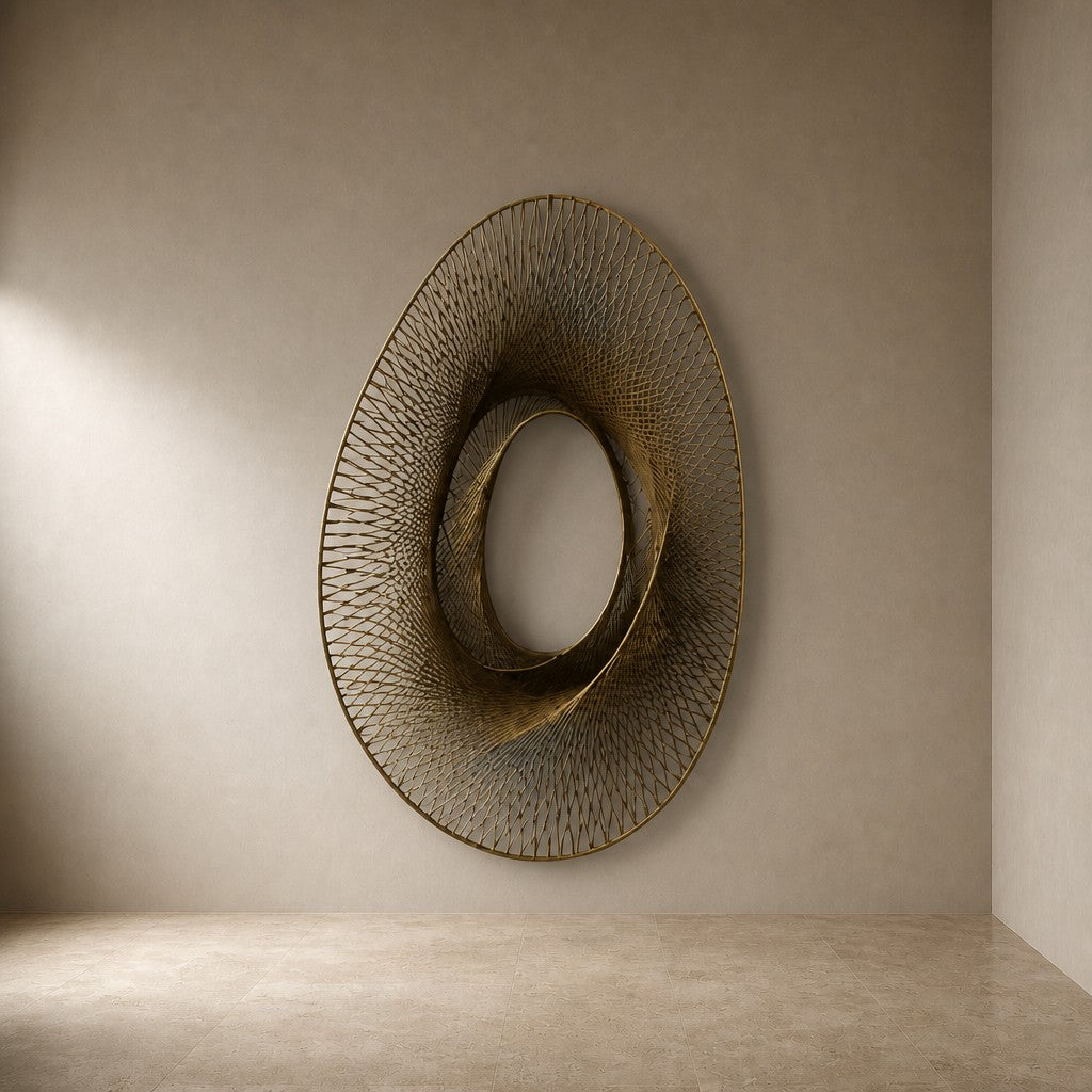 Nido — 120 × 150 cm brass wire wall sculpture woven into a nest-like oval, three-quarter studio view showing its profile