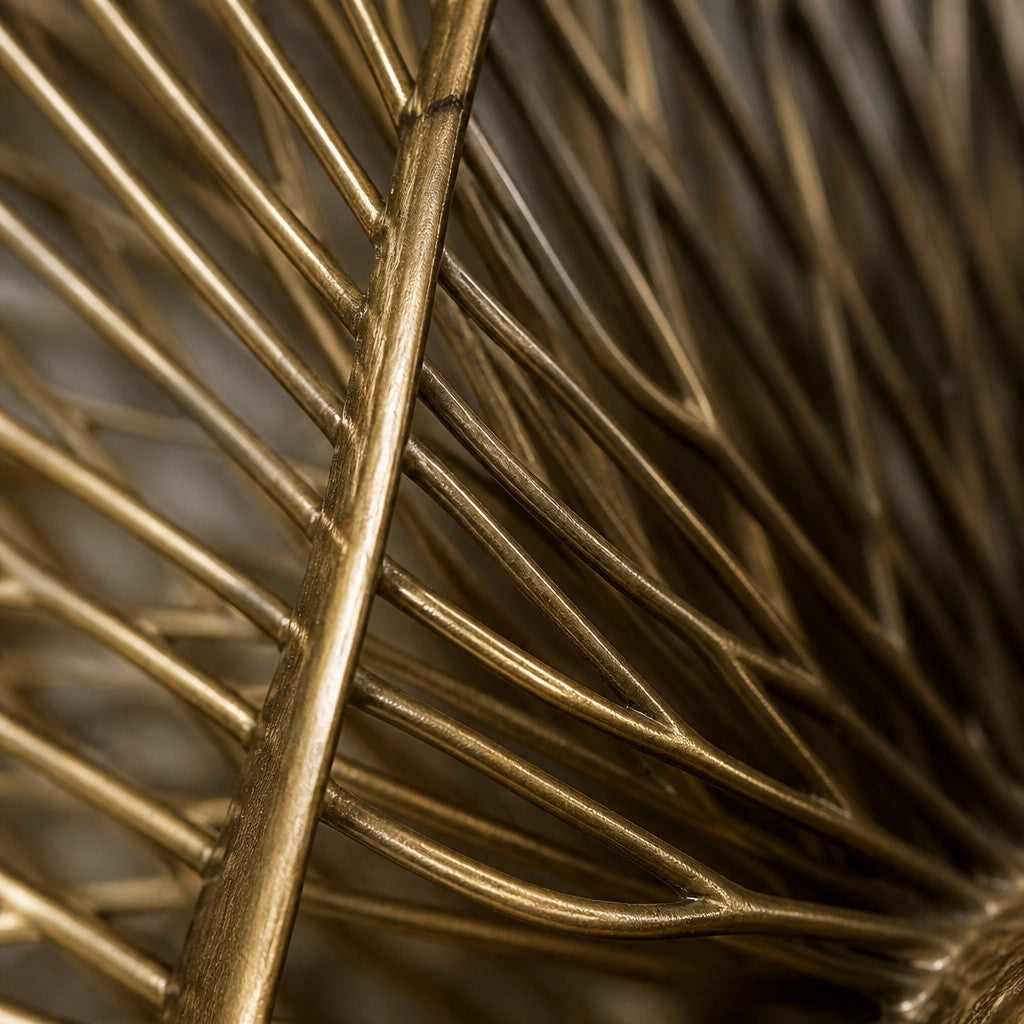 Nido — 120 × 150 cm brass wire wall sculpture woven into a nest-like oval, close studio detail of the surface and material
