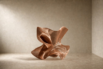 Rose copper woven wire sculpture Nihal, folded planes furling in on themselves around a glimpsed interior.