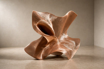 Rose copper woven wire sculpture Nihal, folded planes furling in on themselves around a glimpsed interior.