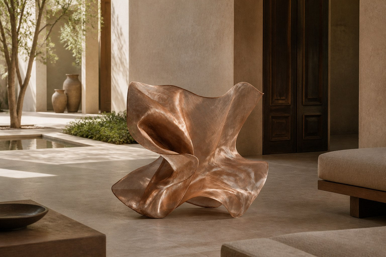 Rose copper woven wire sculpture Nihal, folded planes furling in on themselves around a glimpsed interior.