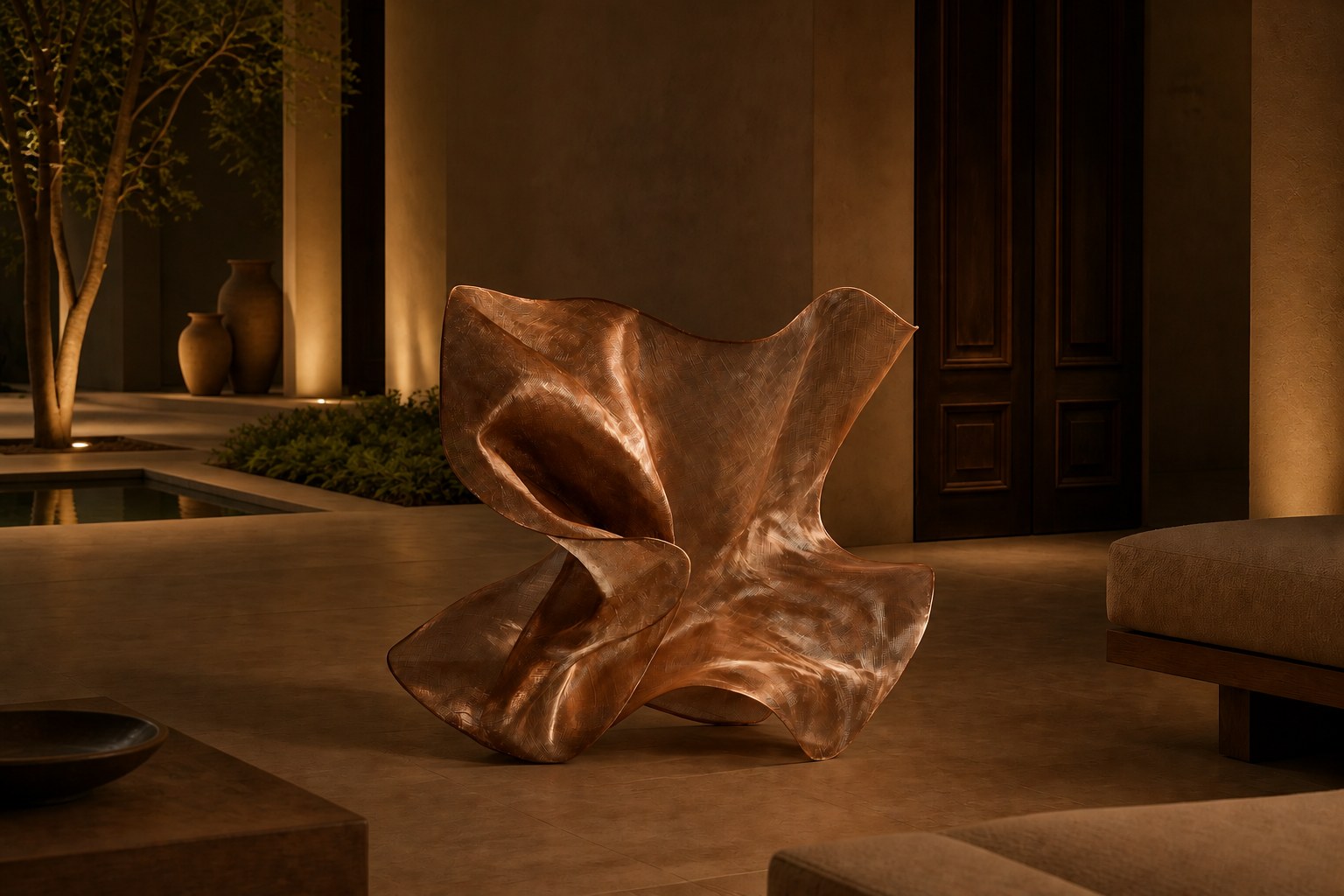 Rose copper woven wire sculpture Nihal, folded planes furling in on themselves around a glimpsed interior.
