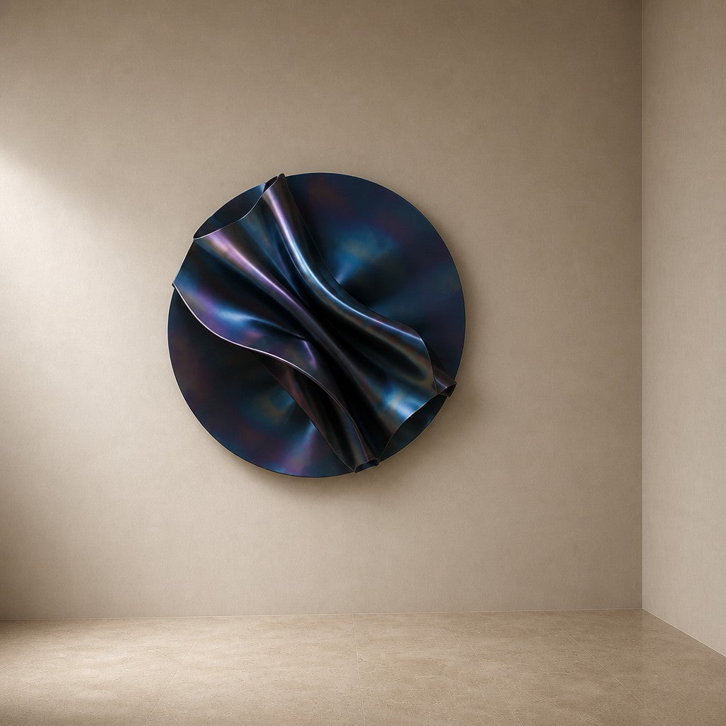 Nilam Ø110 — 110 cm midnight blue folded stainless steel wall disc, three-quarter studio view showing its profile