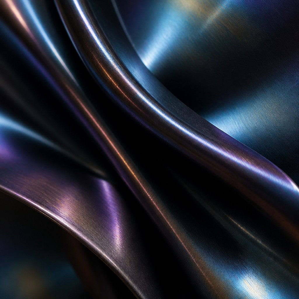 Nilam Ø110 — 110 cm midnight blue folded stainless steel wall disc, close studio detail of the surface and material
