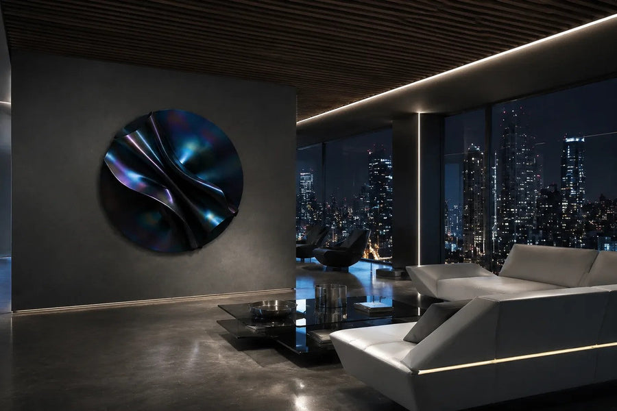 Nilam Ø110 — 110 cm midnight blue folded stainless steel wall disc, placed in a furnished room