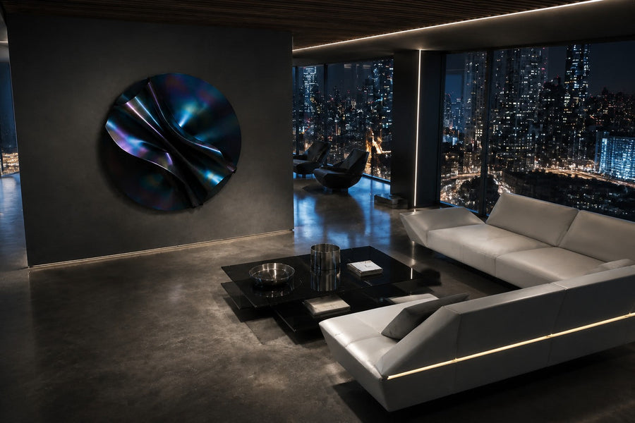 Nilam Ø110 — 110 cm midnight blue folded stainless steel wall disc, seen from above in the room
