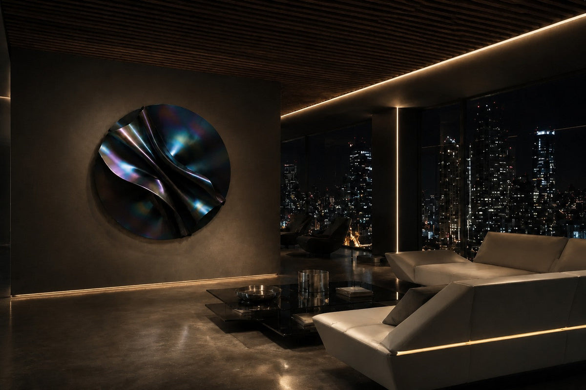 Nilam Ø110 — 110 cm midnight blue folded stainless steel wall disc, the same room at night, lamps on