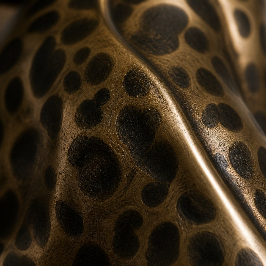 Nimr 40 — 40 cm dark bronze wall sculpture of a spotted leopard climbing the wall, close studio detail of the surface and material