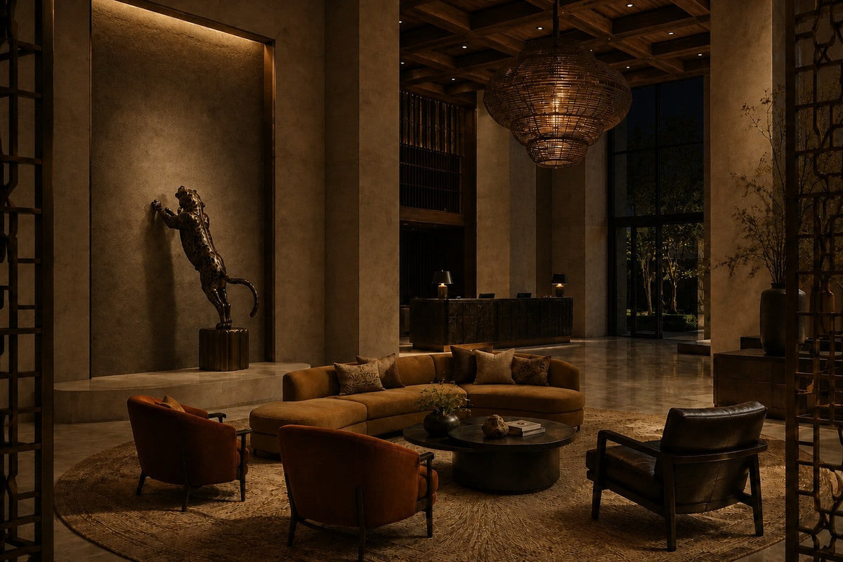 Nimr 40 — 40 cm dark bronze wall sculpture of a spotted leopard climbing the wall, the same room at night, lamps on