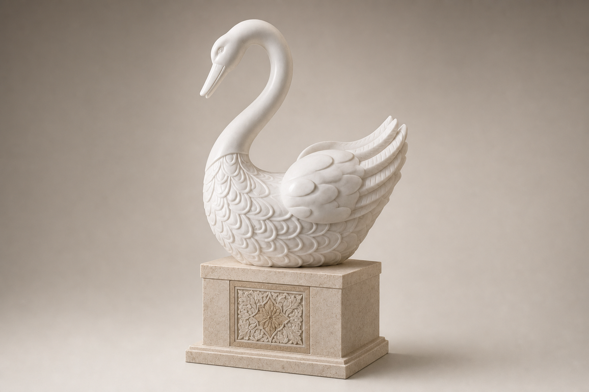 Nivara carved white marble swan sculpture by 1-OPH