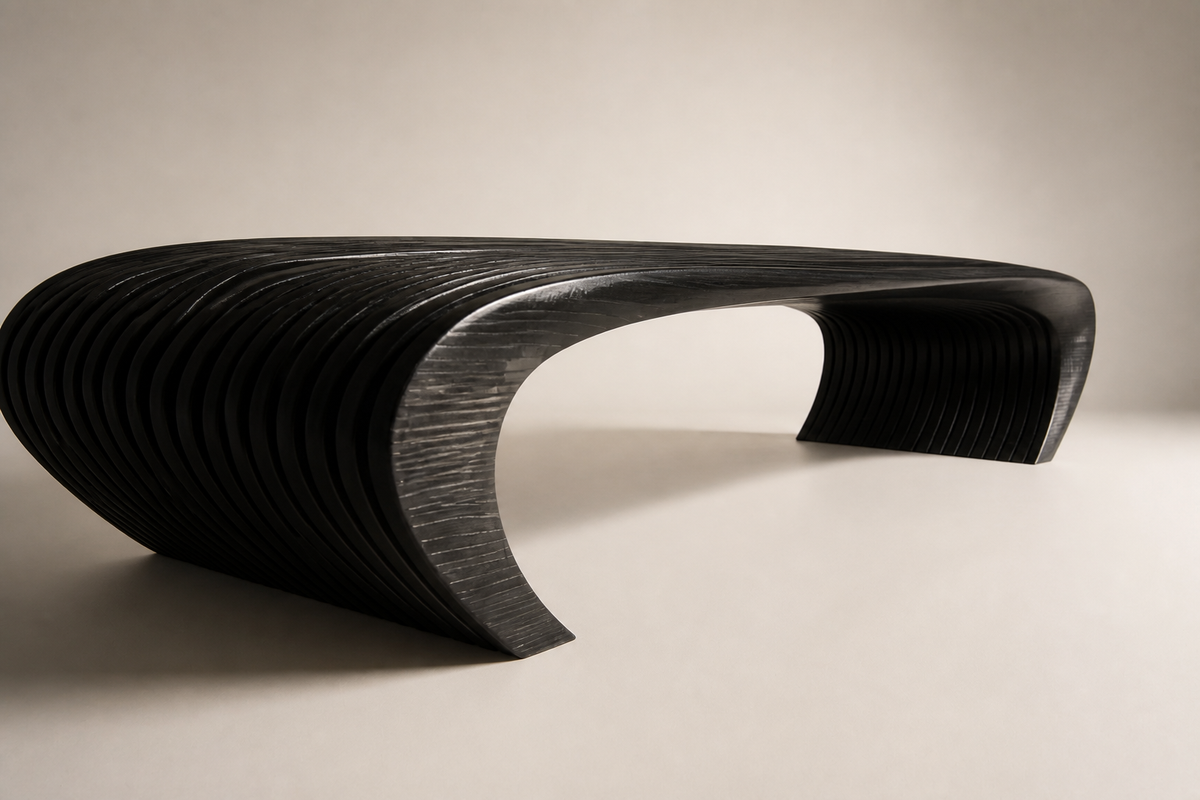 NOCTIS ARC BENCH XXV, three-quarter studio view showing its profile