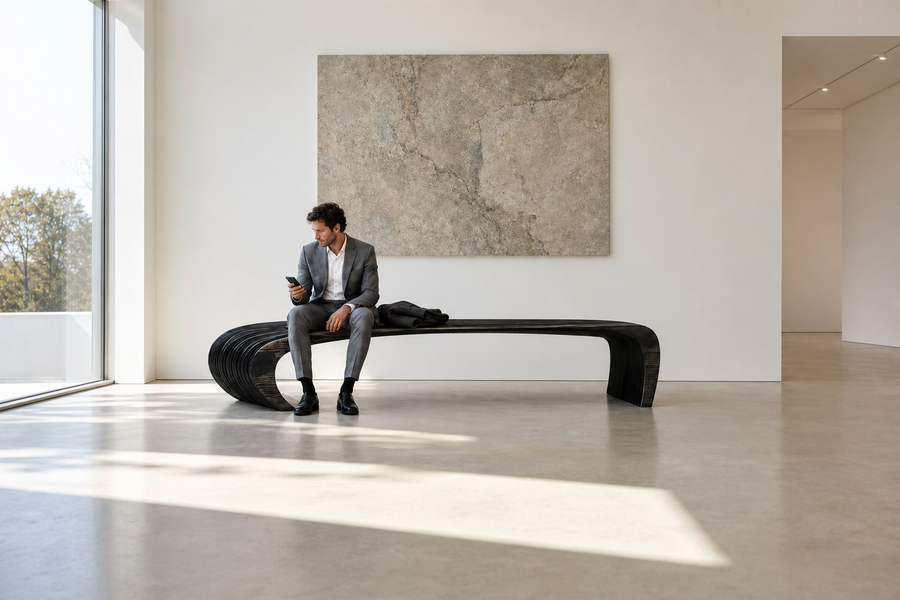 NOCTIS ARC BENCH XXV, shown in a room setting, at full scale