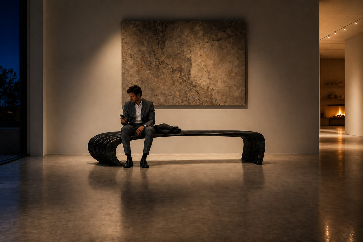 NOCTIS ARC BENCH XXV, in a room setting under evening light