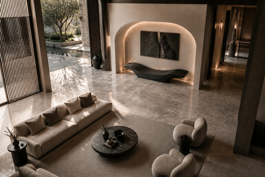 NOCTIS STRATA BENCH XX, overhead view in a room setting