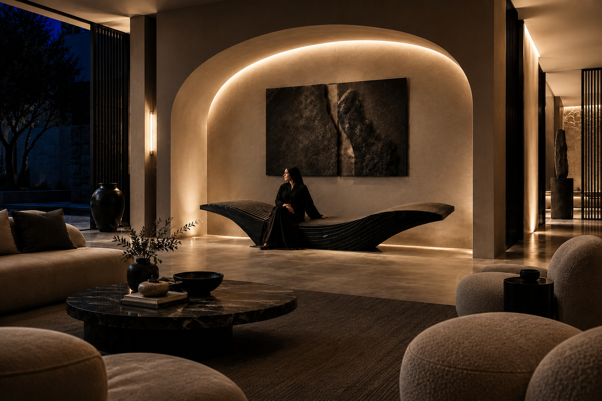 NOCTIS STRATA BENCH XX, in a room setting under evening light