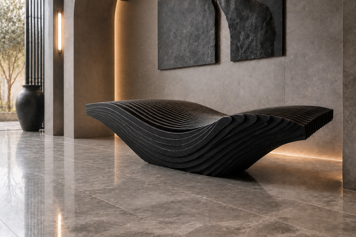 NOCTIS STRATA BENCH XX, close view of the form in its setting