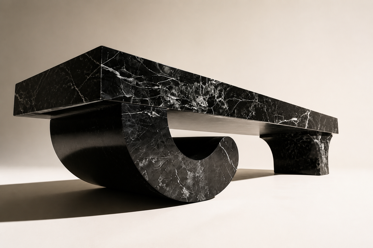 NOCTURNA ARC BENCH, three-quarter studio view showing its profile