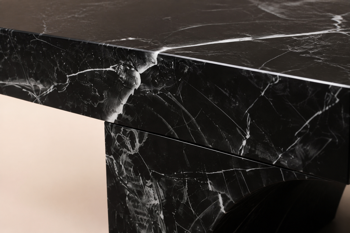 NOCTURNA ARC BENCH, close studio detail of the surface and material