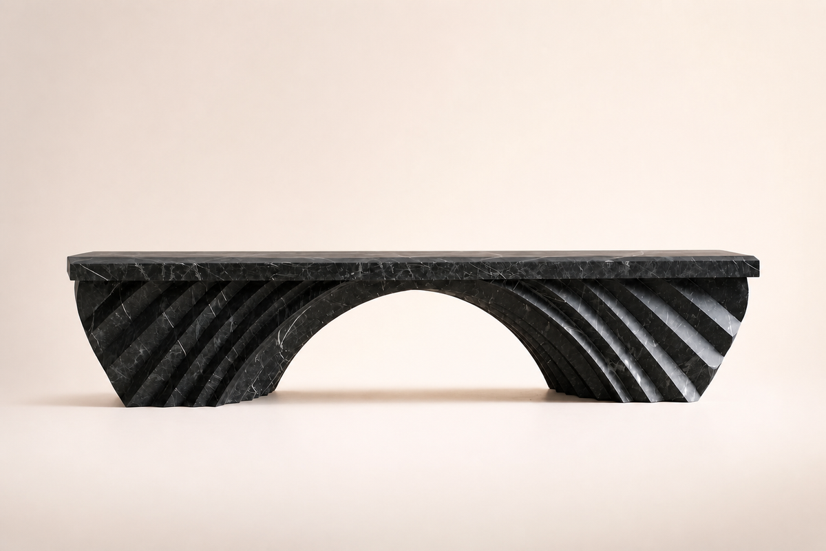Nocturne Arch Marble Bench, studio view of the whole piece