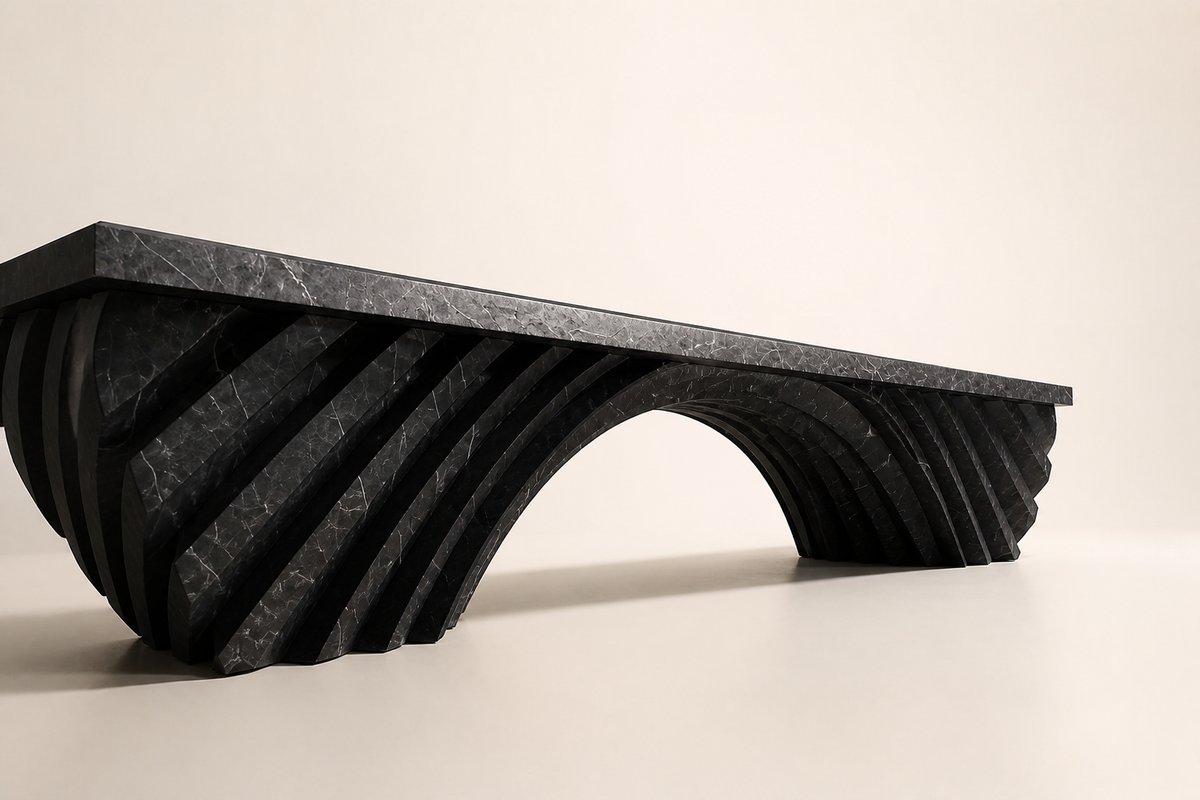 Nocturne Arch Marble Bench, three-quarter studio view showing its profile