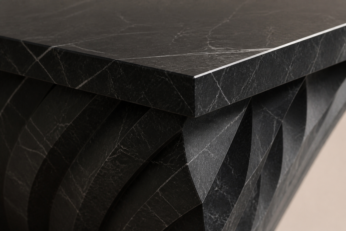 Nocturne Arch Marble Bench, close studio detail of the surface and material