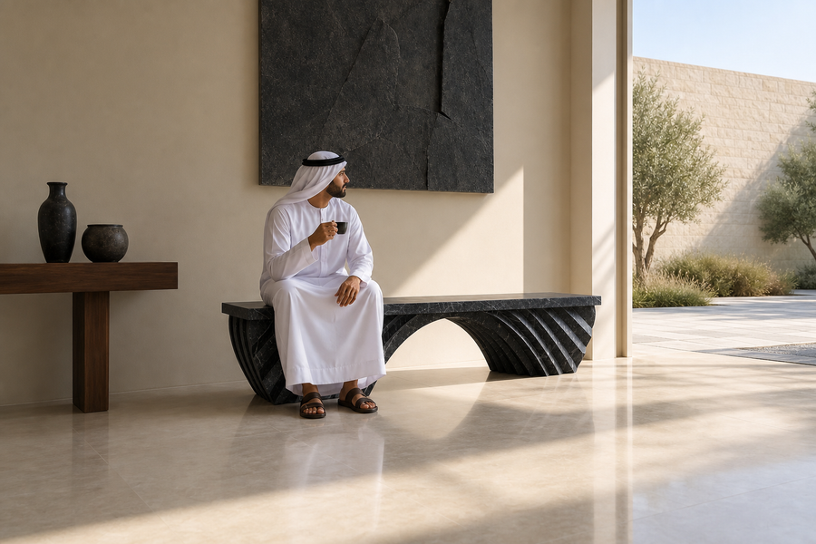 Nocturne Arch Marble Bench, shown in a room setting, at full scale