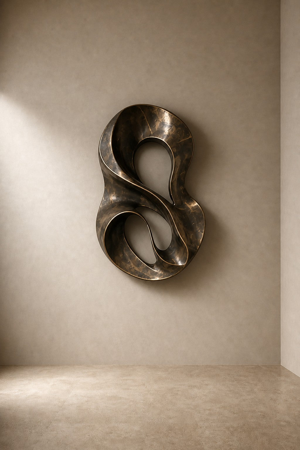 Nodo — 95 × 140 cm bronze wall sculpture of an open looping knot, three-quarter studio view showing its profile