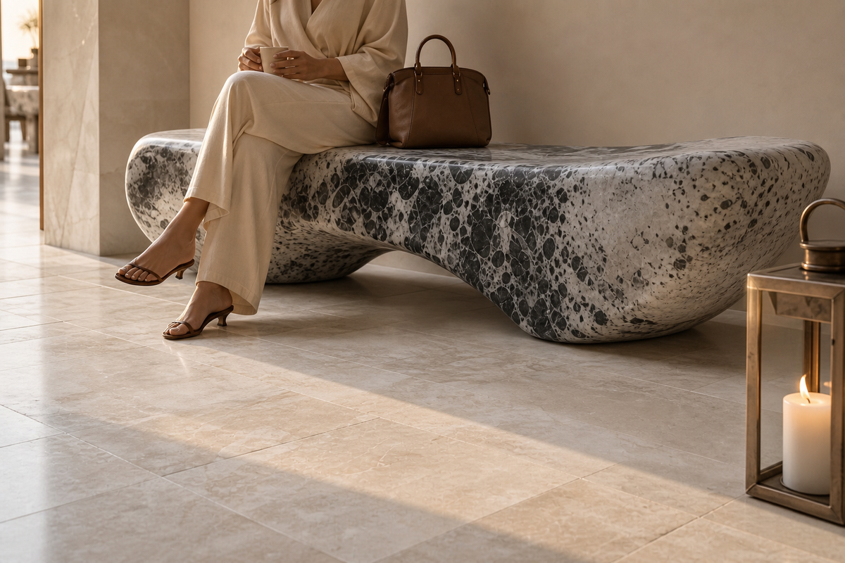 NOIR VEIN LOUNGE BENCH X, close view of the form in its setting