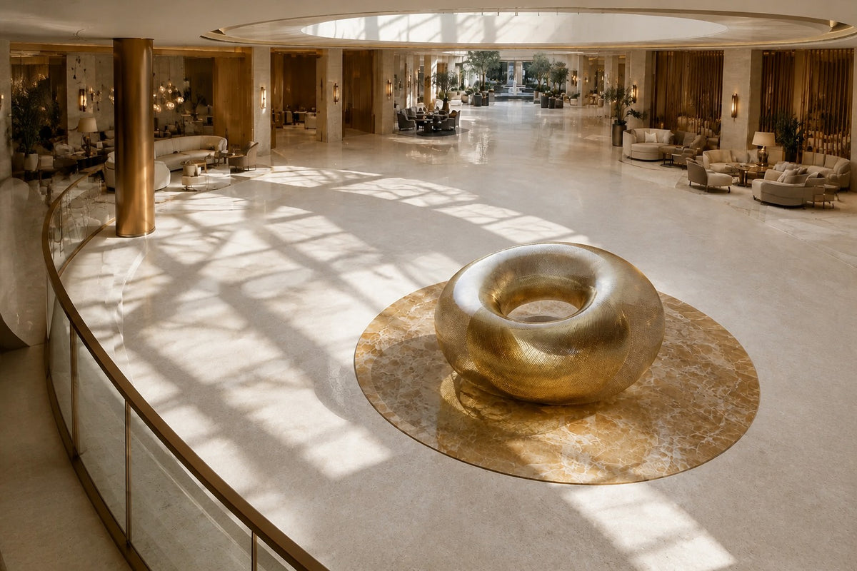 Woven brass wire torus sculpture Nunki Ø120, reading as solid gold where the mesh doubles and open gauze at the edges.