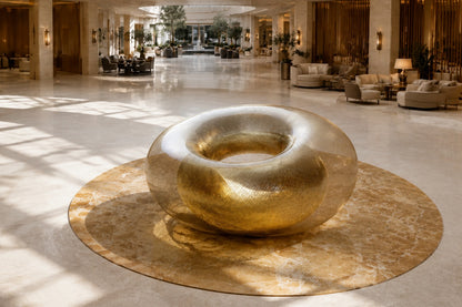 Woven brass wire torus sculpture Nunki Ø120, reading as solid gold where the mesh doubles and open gauze at the edges.