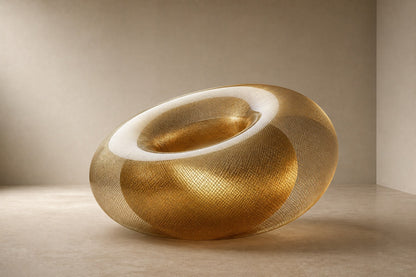 Woven brass wire torus sculpture Nunki Ø120, reading as solid gold where the mesh doubles and open gauze at the edges.
