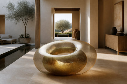 Woven brass wire torus sculpture Nunki Ø120, reading as solid gold where the mesh doubles and open gauze at the edges.