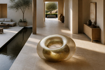 Woven brass wire torus sculpture Nunki Ø120, reading as solid gold where the mesh doubles and open gauze at the edges.