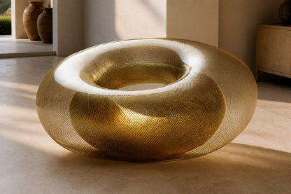 Woven brass wire torus sculpture Nunki Ø120, reading as solid gold where the mesh doubles and open gauze at the edges.