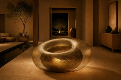 Woven brass wire torus sculpture Nunki Ø120, reading as solid gold where the mesh doubles and open gauze at the edges.