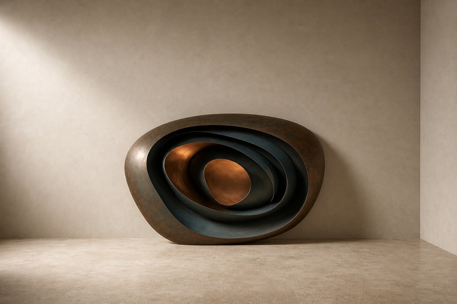 Nested ovoid bronze rings in rust and blue-grey around a polished copper core, on a stone floor.