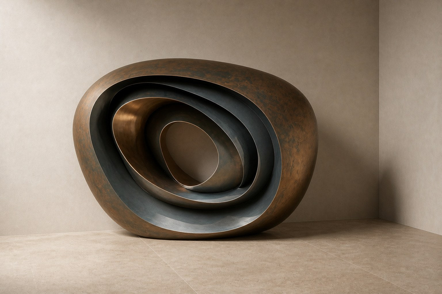 Nested ovoid bronze rings in rust and blue-grey around a polished copper core, on a stone floor.