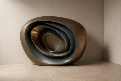 Nested ovoid bronze rings in rust and blue-grey around a polished copper core, on a stone floor.