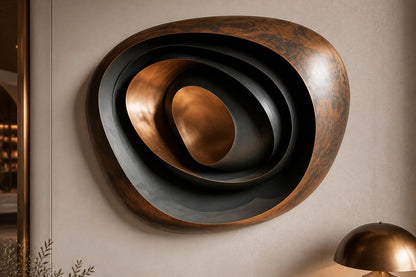 Nested ovoid bronze rings in rust and blue-grey around a polished copper core, on a stone floor.