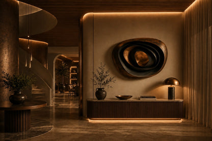 Nested ovoid bronze rings in rust and blue-grey around a polished copper core, on a stone floor.