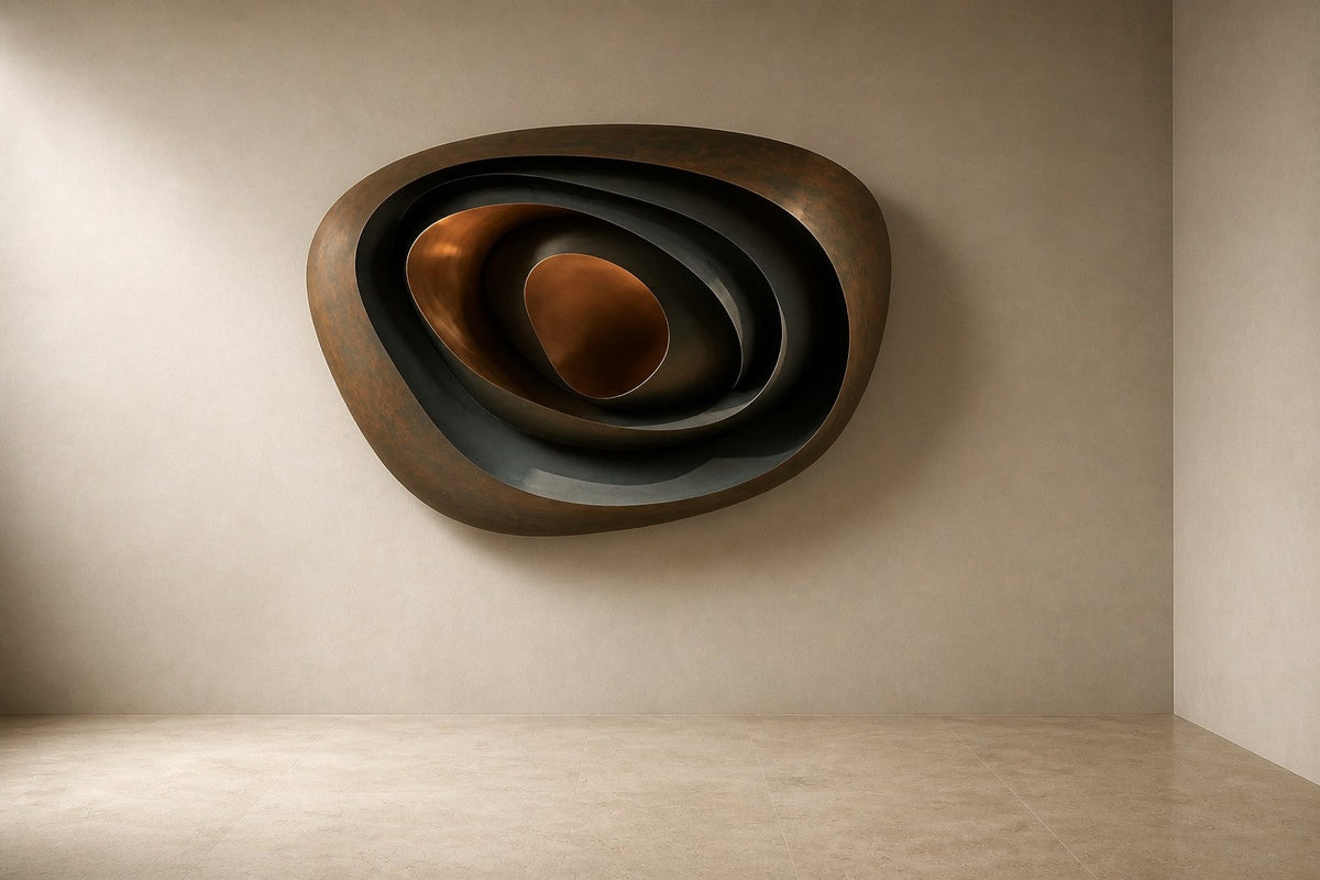 Nur — 130 × 85 cm dark bronze wall sculpture of a layered shell with a polished core, three-quarter studio view showing its profile