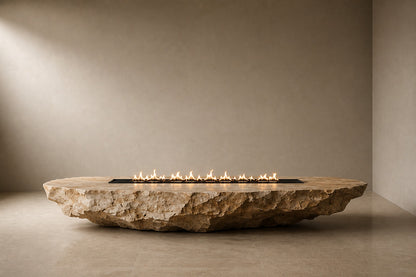 Pale limestone fire table Nuran 220, warm pale cream, on a pale stone floor.